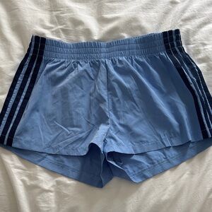 edikted Light Blue Athletic Running Shorts with Navy Side Stripes